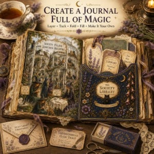 May include: An open journal titled Create a Journal Full of Magic featuring a Society Feline Adoption Registry illustration, a pocket labeled The Society Library, decorative tags, a wax-sealed envelope, a claim ticket, and a small botanical kit box.