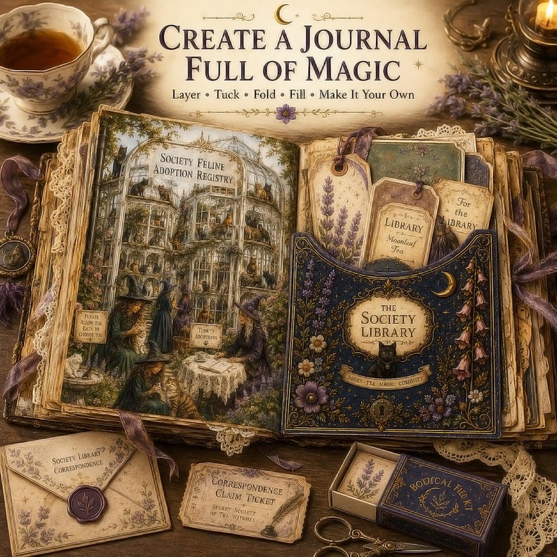May include: An open journal titled Create a Journal Full of Magic featuring a Society Feline Adoption Registry illustration, a pocket labeled The Society Library, decorative tags, a wax-sealed envelope, a claim ticket, and a small botanical kit box.