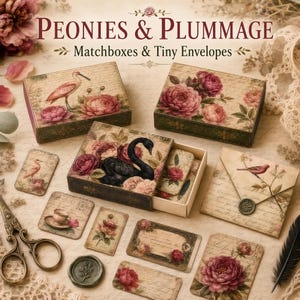 May include: A collection of stationery items labeled Peonies & Plummage Matchboxes & Tiny Envelopes. The set includes rectangular boxes, small cards, and an envelope featuring vintage-style illustrations of pink peonies, birds, and script text.