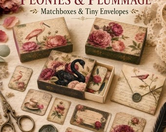 Printable Matchbox Kit, Peonies & Plumage Tiny Envelopes, Ephemera Add On, Junk Journal Printable