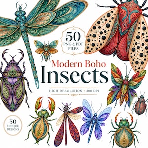 Op de afbeelding: Een digitale collectie van 50 PNG- en PDF-bestanden getiteld Modern Boho Insects, met illustraties in hoge resolutie van 300 DPI van diverse kleurrijke kevers, libellen en motten met ingewikkelde patronen en levendige decoratieve details.