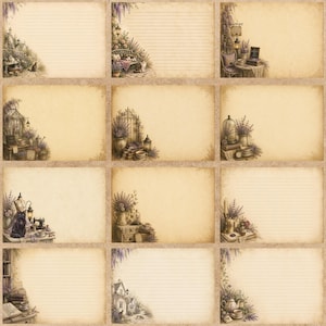 May include: A collection of twelve rectangular stationery cards featuring a vintage parchment-style background. Each card displays unique illustrations of lavender, cats, garden scenes, books, and tea sets in the corners, with some cards featuring lined paper.
