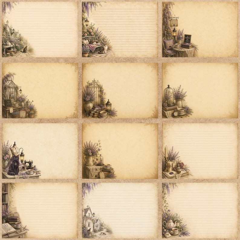 May include: A collection of twelve rectangular stationery cards featuring a vintage parchment-style background. Each card displays unique illustrations of lavender, cats, garden scenes, books, and tea sets in the corners, with some cards featuring lined paper.