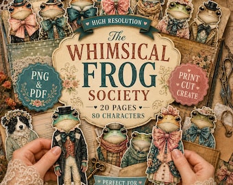 Whimsical Frog Society Cut Outs Vintage Frog PNG PDF Printable Junk Journal Ephemera Kit 20 Pages High Resolution
