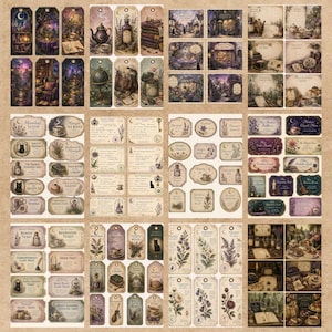 May include: A collection of rectangular and tag-shaped paper ephemera featuring vintage-style illustrations of botanical elements, books, teacups, cats, and magical apothecary items in muted purple, brown, and cream tones with printed text.