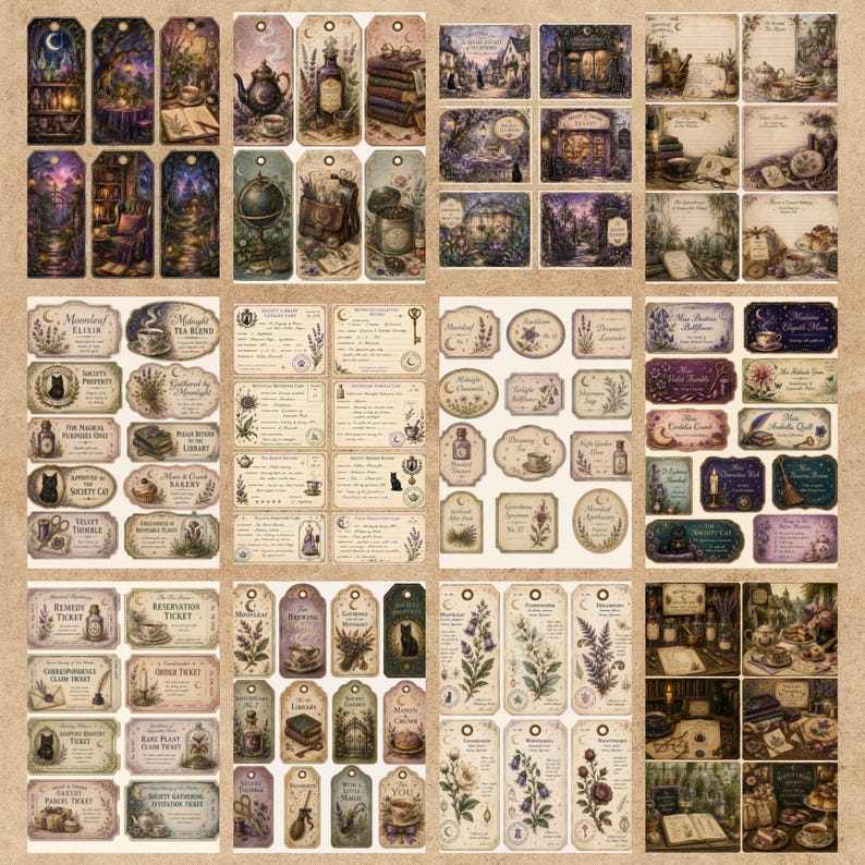 May include: A collection of rectangular and tag-shaped paper ephemera featuring vintage-style illustrations of botanical elements, books, teacups, cats, and magical apothecary items in muted purple, brown, and cream tones with printed text.