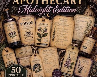 Fern Hollow Apothecary Ephemera Midnight Edition, 50 Printable Vintage Botanical Junk Journal Elements