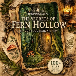 Puede incluir: Un kit de junk journal digital titulado The Secrets of Fern Hollow, con una ilustración de bosque, una puerta en un árbol, setas y luciérnagas. Incluye una llave antigua, una brújula, hojas de helecho y una insignia de 100+ Files PNG PDF.
