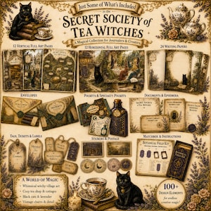 May include: A collection of paper craft supplies titled Secret Society of Tea Witches, featuring 12 vertical and 12 horizontal art pages, 24 writing papers, envelopes, pockets, documents, ephemera, tags, tickets, labels, stickers, and matchbox instructions.