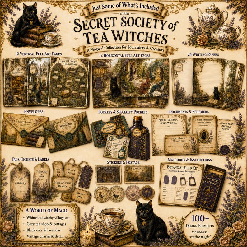 May include: A collection of paper craft supplies titled Secret Society of Tea Witches, featuring 12 vertical and 12 horizontal art pages, 24 writing papers, envelopes, pockets, documents, ephemera, tags, tickets, labels, stickers, and matchbox instructions.