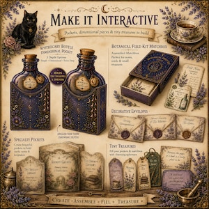 May include: A craft kit titled Make It Interactive featuring apothecary bottle pockets, a botanical field kit matchbox, decorative envelopes, specialty pockets, and tiny treasures. The set includes illustrations of a black cat, lavender, and tea.