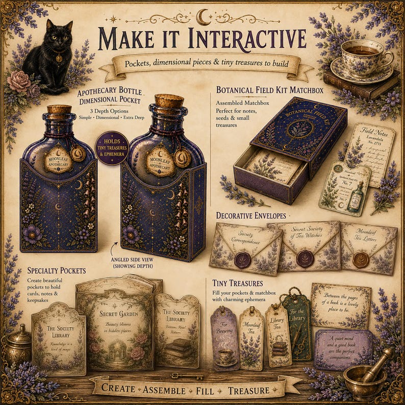May include: A craft kit titled Make It Interactive featuring apothecary bottle pockets, a botanical field kit matchbox, decorative envelopes, specialty pockets, and tiny treasures. The set includes illustrations of a black cat, lavender, and tea.