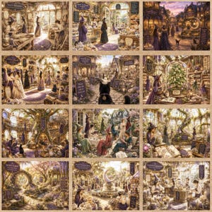 May include: A collection of twelve detailed illustrations depicting various scenes of witches in shops, gardens, and town squares. The artwork features warm, earthy tones, intricate architectural details, and magical elements like glowing lanterns, potion bottles, and black cats.