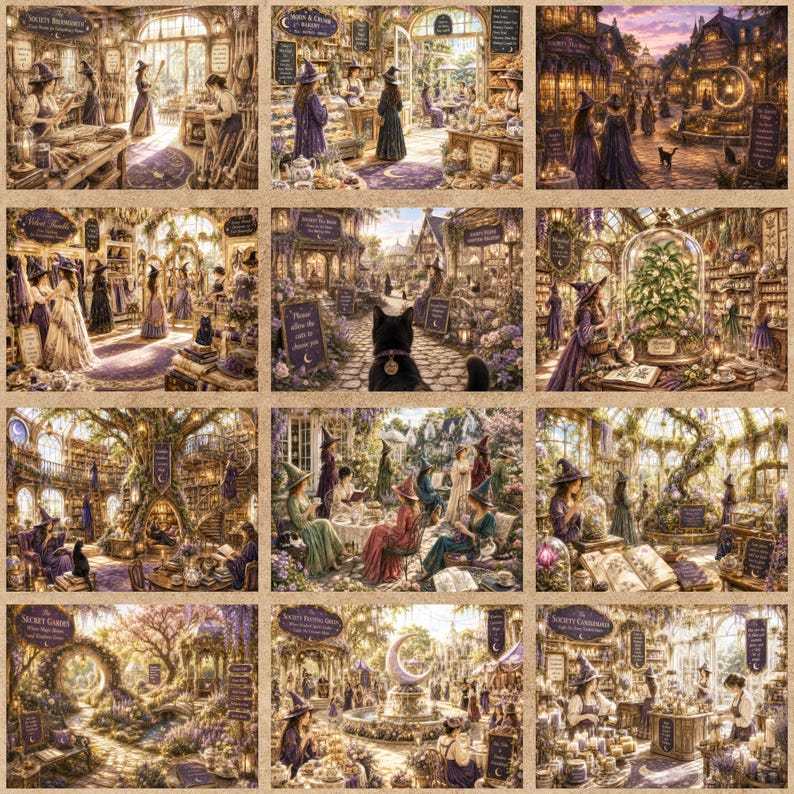 May include: A collection of twelve detailed illustrations depicting various scenes of witches in shops, gardens, and town squares. The artwork features warm, earthy tones, intricate architectural details, and magical elements like glowing lanterns, potion bottles, and black cats.