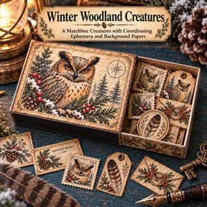 Op de afbeelding: Een rechthoekige doos met het label Winter Woodland Creatures met 6 luciferdoos-wezens met bijpassende ephemera en achtergrondpapier. Het deksel toont een uilillustratie, terwijl de binnenkant postzegels, labels en enveloppen bevat met uilen-, veren- en dennentakmotieven.