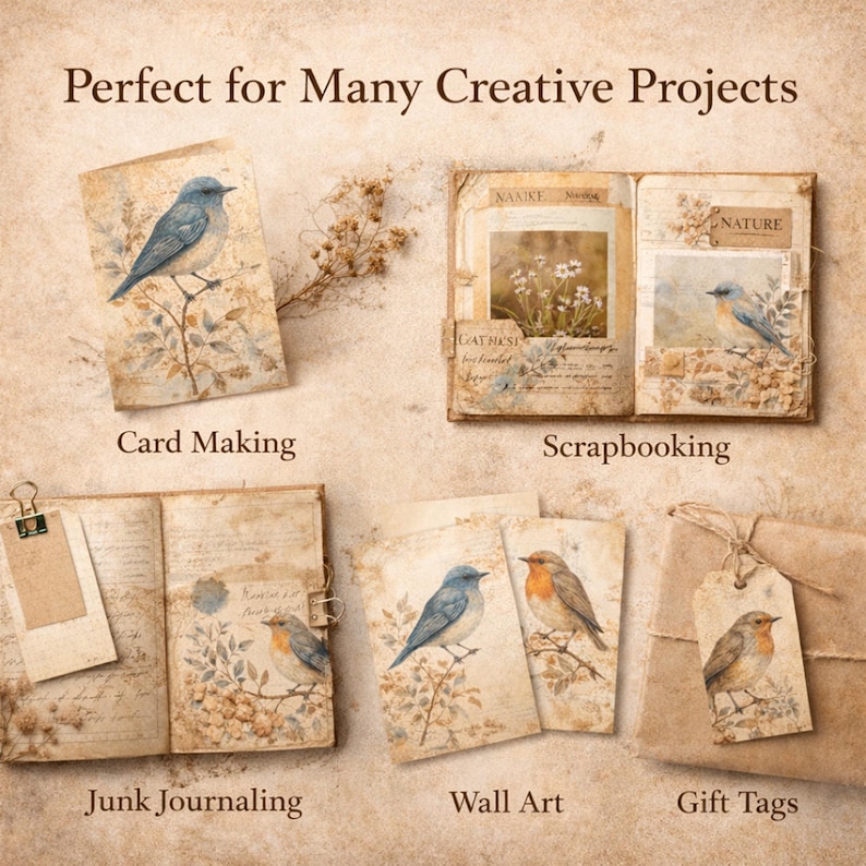 Woodland Birds Printable Pages Vintage Bird Ephemera Junk Journal Kit ...