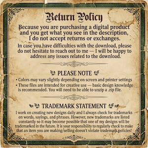 May include: A rectangular informational sign with a vintage parchment-style background and a dark green border. The text includes Return Policy, Please Note, and Trademark Statement sections, detailing digital product terms and usage guidelines.