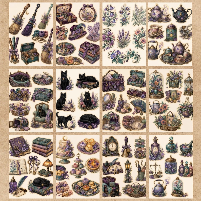 May include: A collection of decorative stickers featuring purple and gold illustrations of brooms, tea sets, black cats, floral arrangements, books, clocks, and apothecary bottles. The designs showcase various whimsical objects in a cohesive color palette.