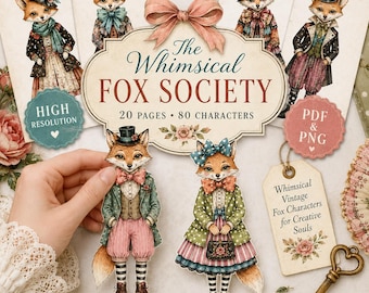 Whimsical Foxes Printable PNG Clipart Fox Paper Dolls Junk Journal Ephemera Fussy Cuts Card Making Instant Download