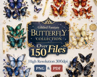 Butterfly Clip Art Bundle, Gilded Fantasy : Ornate Gold Butterflies, Clusters, Crests (PNG, PDF)