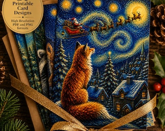 Printable Christmas Cards Set of 10 Wildlife Holiday Greeting Cards PDF PNG Instant Download Blank Inside