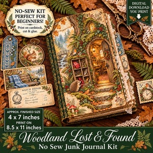 May include: A no-sew junk journal kit featuring a woodland-themed book cover with a hedgehog, forest cottage, and autumn foliage. Includes printable tags, a watch repair receipt, and clock motifs. Finished size is 4 x 7 inches on 8.5 x 11 inch paper.