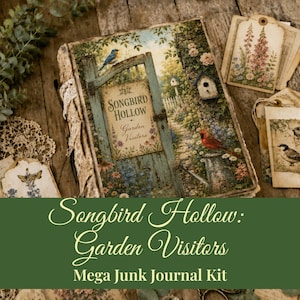 Puede incluir: Un kit de diario creativo con una portada de libro que muestra una puerta de jardín, el texto Songbird Hollow Garden Visitors, un pájaro azul, un pájaro rojo y una pajarera. Incluye etiquetas de papel decorativas con motivos florales y aves.
