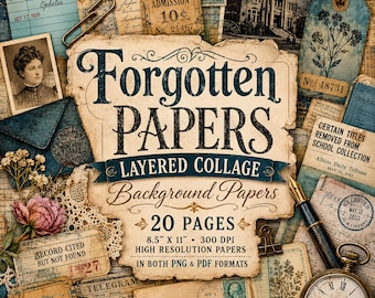 Vintage Junk Journal Background Papers Digital Download, 20 Collage Pages PNG PDF
