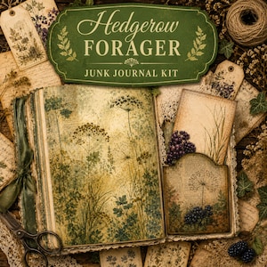 May include: A vintage junk journal kit labelled "Hedgerow Forager." The open journal displays botanical illustrations in green and brown hues. The kit includes tags, lace, and a pocket containing a card and berries.