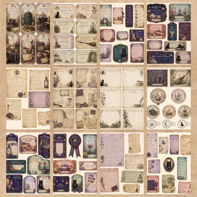May include: A collection of printed paper ephemera featuring various rectangular and circular labels, tags, and note cards. The designs include illustrations of black cats, teapots, botanical elements, brooms, and handwritten-style text.