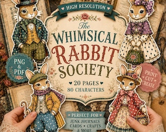 Rabbit Paper Dolls Whimsical Rabbit Society Printable Bunny Cut Outs PNG PDF Junk Journal Ephemera