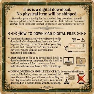 May include: A digital download instruction card with a vintage parchment background and dark green border. The text explains how to download digital files from Etsy, including steps for computers and mobile devices, with icons for Etsy, downloads, and email.