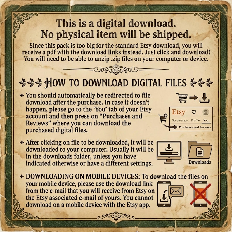 May include: A digital download instruction card with a vintage parchment background and dark green border. The text explains how to download digital files from Etsy, including steps for computers and mobile devices, with icons for Etsy, downloads, and email.