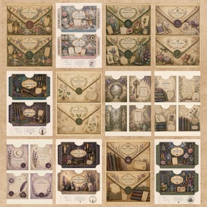 May include: A collection of printable paper craft sheets featuring vintage-style envelopes and stationery pockets. Designs include themes like Society Tea Room, Moonleaf Apothecary, and Greenhouse, decorated with botanical illustrations, books, and wax seals.