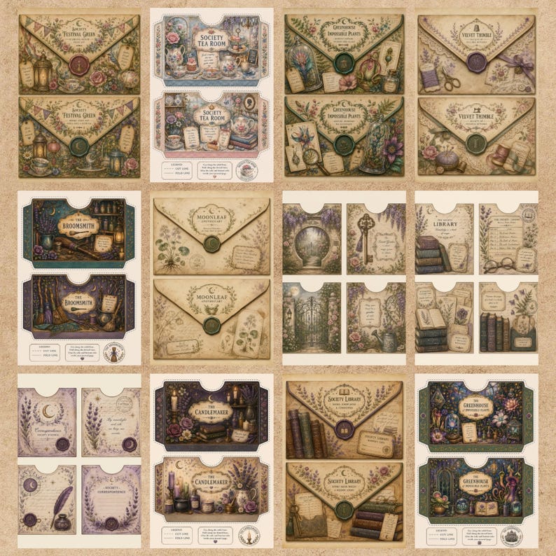 May include: A collection of printable paper craft sheets featuring vintage-style envelopes and stationery pockets. Designs include themes like Society Tea Room, Moonleaf Apothecary, and Greenhouse, decorated with botanical illustrations, books, and wax seals.