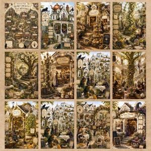 May include: A collection of twelve detailed illustrations depicting the Secret Society of Tea Witches, featuring various shops like a bakery, conservatory, apothecary, and candle maker, all filled with witches, cats, and magical tea-themed decor.