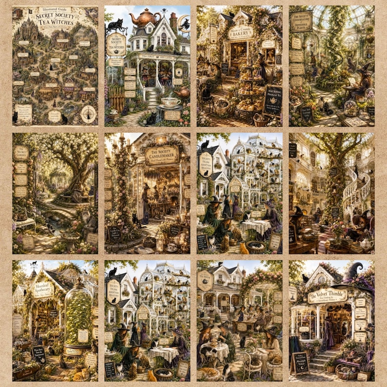 May include: A collection of twelve detailed illustrations depicting the Secret Society of Tea Witches, featuring various shops like a bakery, conservatory, apothecary, and candle maker, all filled with witches, cats, and magical tea-themed decor.