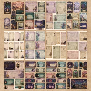 May include: A collection of vintage-style paper ephemera featuring various rectangular and arched labels, tags, and cards. The designs include illustrations of black cats, botanical elements, tea sets, and apothecary items with printed text.