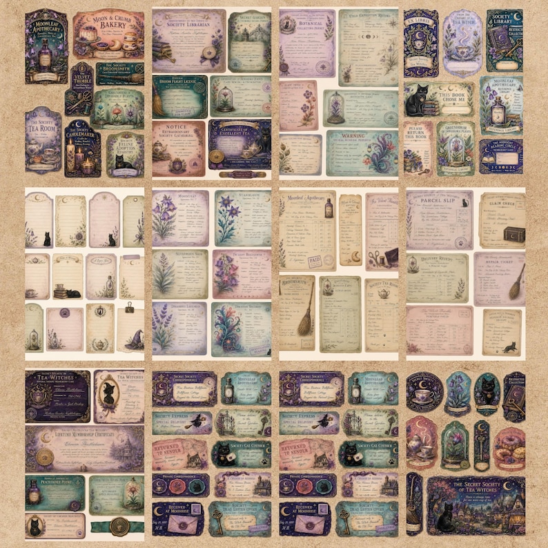 May include: A collection of vintage-style paper ephemera featuring various rectangular and arched labels, tags, and cards. The designs include illustrations of black cats, botanical elements, tea sets, and apothecary items with printed text.