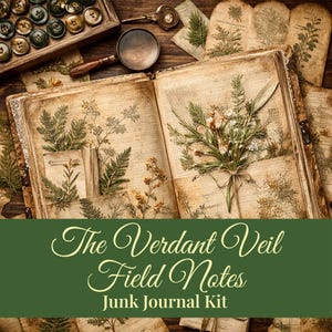 Könnte beinhalten: Ein offenes Junk-Journal mit botanischen Illustrationen und getrockneten Blumen. Das Journal ist von Vintage-Ephemera, einer Lupe und einer Tablett mit Knöpfen umgeben. Der Text auf dem Bild lautet "The Verdant Veil Field Notes Junk Journal Kit."