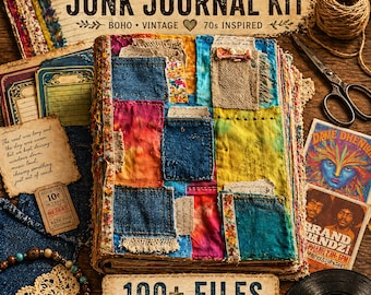 Boho Junk Journal Mega Kit Printable Ephemera Textile Pages Tags Pockets Fussy Cuts PNG PDF