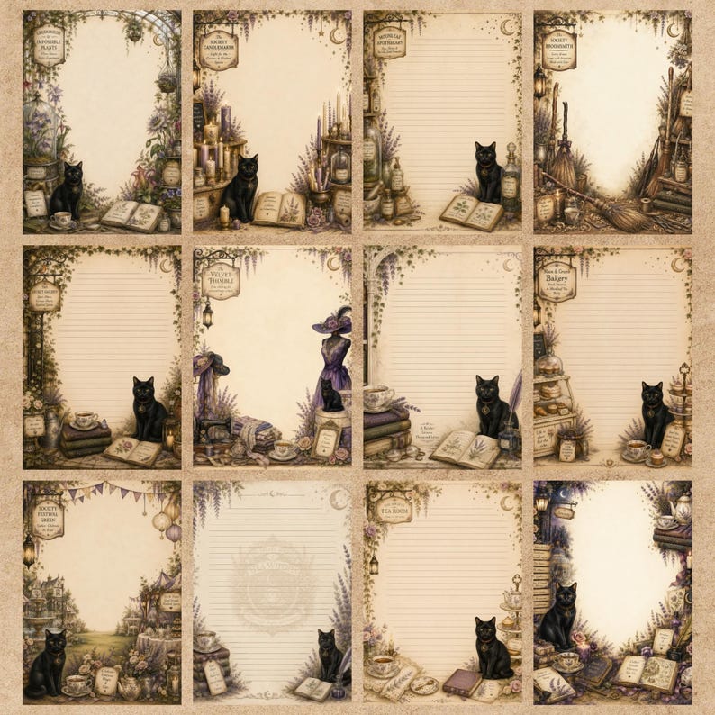 May include: A collection of twelve rectangular stationery sheets featuring vintage-style illustrations. Each sheet displays a black cat, open books, floral accents, and various thematic objects like brooms, teacups, or sewing tools, all set against a parchment-colored background.