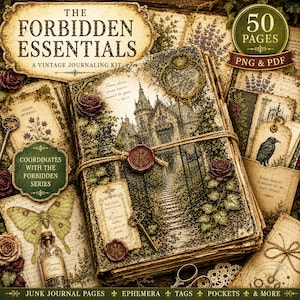 Könnte beinhalten: Ein Vintage-Journaling-Kit mit dem Titel "The Forbidden Essentials" mit 50 Seiten. Das Kit enthält Ephemera, Tags und Taschen. Das Cover zeigt eine gotische Schlossillustration, die mit Bindfaden gebunden und mit einem Wachssiegel versehen ist. Zusätzliche Elemente sind Schlüssel, Rosen und botanische Illustrationen.