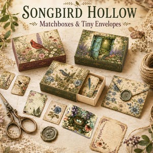 May include: A collection of Songbird Hollow matchboxes and tiny envelopes featuring botanical and bird illustrations. The set includes rectangular boxes with floral designs, a bird nest, a cardinal, a blue door, and small paper ephemera with wax seals.