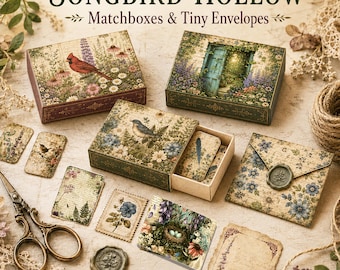 Printable Matchbox Kit, Tiny Envelopes, Botanical Ephemera, Songbird Hollow Junk Journal Add-On