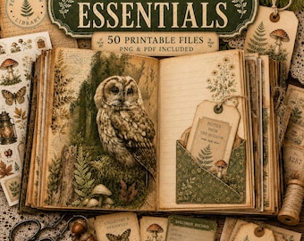 May include: A collection of printable digital files titled Fern Hollow Essentials, featuring an open book with an owl illustration, lined pages, a pocket with a tag labeled Notes From The Hollow, and various woodland-themed ephemera like tags and papers.