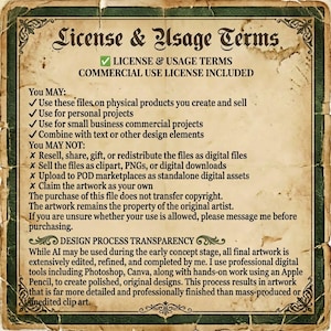 May include: A rectangular document with a distressed, parchment-style background and a dark green border. It contains text detailing license and usage terms, including permissions for physical products and commercial use, alongside design process transparency.