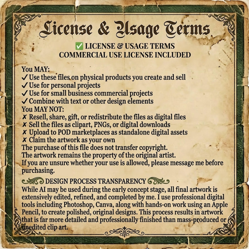 May include: A rectangular document with a distressed, parchment-style background and a dark green border. It contains text detailing license and usage terms, including permissions for physical products and commercial use, alongside design process transparency.