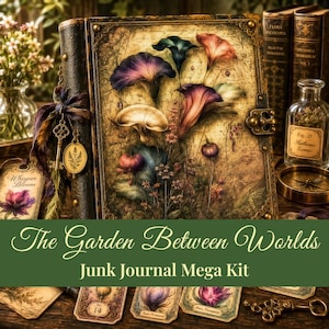 May include: A junk journal kit featuring a book with a floral cover, a metal key charm, and a tag labeled Whisper Bloom. The kit includes cards with botanical illustrations, a glass bottle, and a metal key. Text reads The Garden Between Worlds.