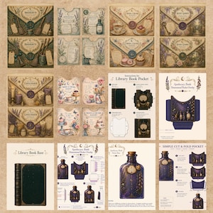 May include: A collection of printable craft sheets featuring vintage-style envelopes, library book pockets, and apothecary bottle designs. The sheets include detailed illustrations of brooms, pastries, candles, and floral motifs with instructional diagrams.